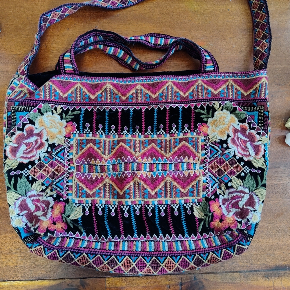 Johnny Was Black Boho Embroidered Velvet Bag